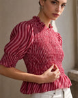 02. Blouse péplum smockée à col volanté