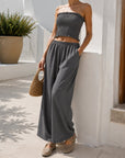 ensemble bandeau smocké et pantalon large gris