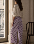 Pantalon large rayé et fleuri taille élastiquée