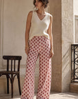 Pantalon large rayé et fleuri taille élastiquée