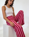 pantalon large rayé rose taille haute