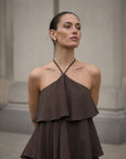 02. Robe Midi à Volants en coton fluide Encolure halter nouée Finitions italiennes