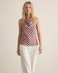 02. Top halter satiné drapé à rayures