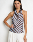 Top halter satiné à rayures bleu brun face