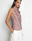 Top halter satiné à rayures rose brun profil