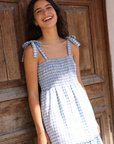 robe à carreaux bleu clair bretelles larges smockée