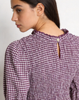 blouse à carreaux violet détail bouton dos