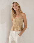 02. Top bustier smocké péplum imprimé fluide
