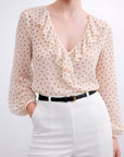Blouse à volants pois écru détail col V