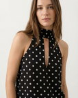 Blouse Femme Fluide Chic À Pois Blancs, Col Montant Noué