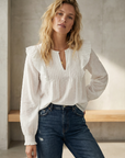 Blouse plumetis coton blanc femme – Manches longues – Style chic