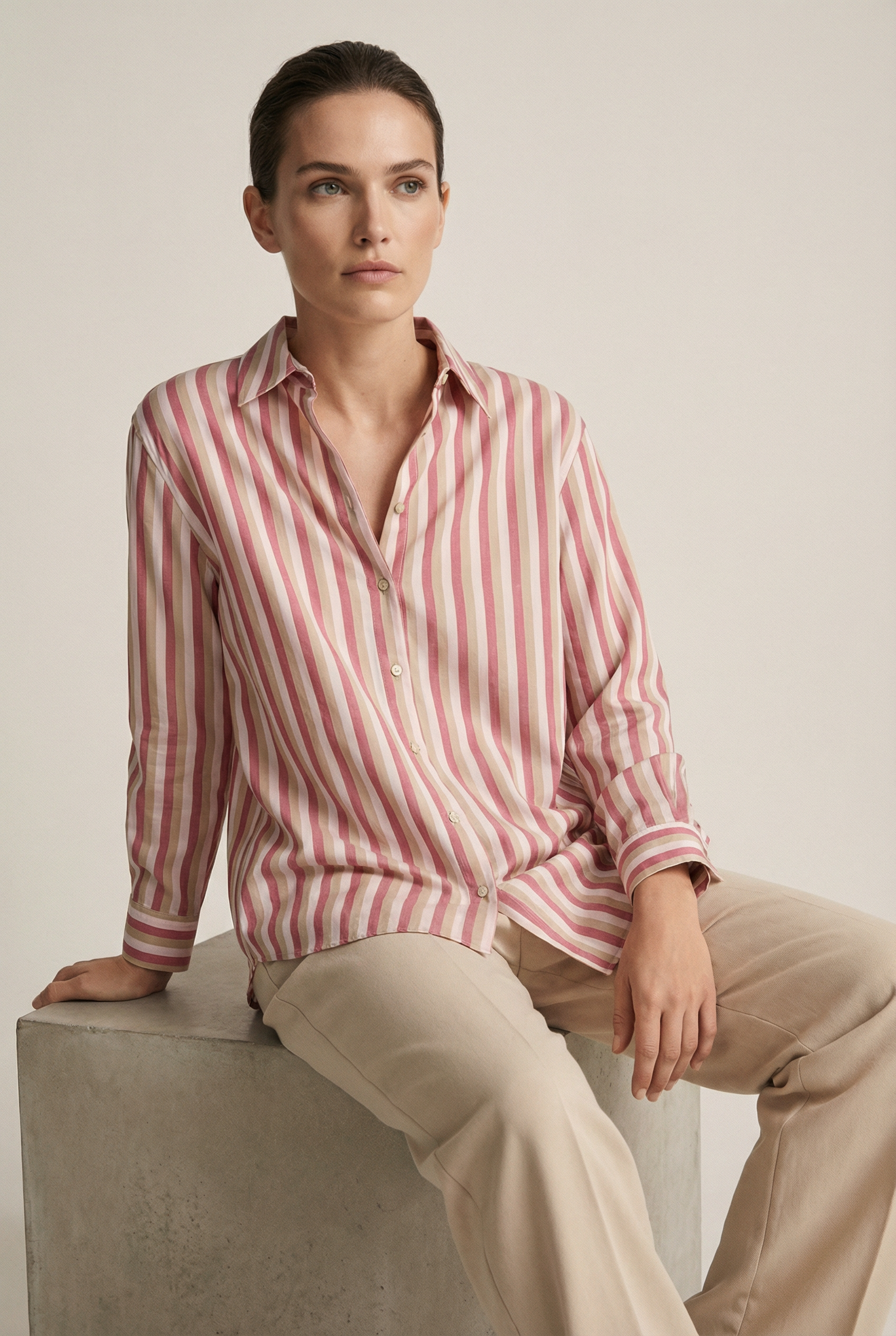 Chemisier Femme En Satin Style Soie - Rayé Rétro, Manches Longues, Lavage Main