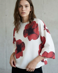 Chemisier Tendance Rouge Fleurie À Manches 3/4