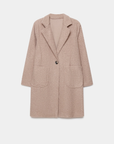 Manteau chaud hiver femme sherpa beige affiché sur fond blanc, idéal pour un look élégant en hiver.