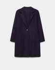 Manteau chaud hiver femme sherpa violet, soulignant le col structuré et le design chic.