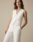 Chaleco elegante blanco sin mangas para mujer, corte entallado, escote en V profundo