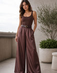 02. Pantalon palazzo satiné chocolat taille haute