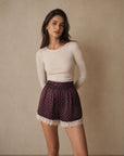 02. Short satiné bordeaux à pois taille haute