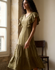 Robe midi évasée col V manches volantées