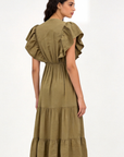 Robe midi évasée col V manches volantées