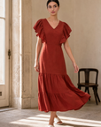 Robe midi évasée col V manches volantées