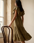 Robe midi évasée col V manches volantées