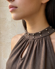 Top halter col montant clouté en coton