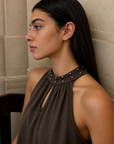 Top halter col montant clouté en coton