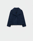 Veste courte effet poil doublée col à revers bleue marine, alliant confort et style. Veste courte femme.