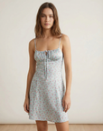 Mini Robe Satin Bleu Pastel À Fleurs - Coupe Courte, Bretelles Fines, Décolleté Froncé