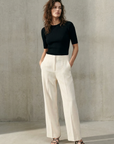 Pantalones de lino de cintura alta para mujer en blanco: elegantes y fluidos para el verano, ideales para la oficina y salidas.