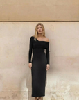 Vestido ajustado negro asimétrico de manga larga, elegante y cómodo, tallas XS-XL