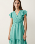 Robe fluide manches courtes en polyester légère — coupe féminine, modèle turquoise présentée de face.