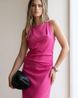 Elegant fuchsia linen dress – long cut and gathered neckline