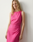Elegant fuchsia linen dress – long cut and gathered neckline