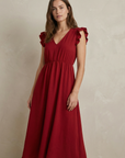 Robe midi fluide V-col sans manches taille élastique