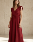 Robe midi fluide V-col sans manches taille élastique