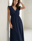 Robe midi fluide V-col sans manches taille élastique