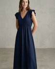 Robe midi fluide V-col sans manches taille élastique