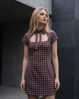 Robe mini à pois marron col noué