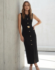 Elegante vestido midi negro abotonado con cinturón dorado - Elegancia atemporal