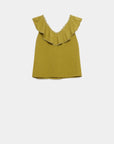 Top coton brodé volants femme en olive, affiché à plat pour mettre en avant son design unique.