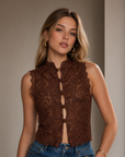 Chemise en dentelle brune col mao sans manches