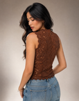 Chemise en dentelle brune col mao sans manches