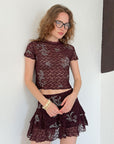 top13800 jupe rouge bordeaux a fleurs superposee mini taille haute image 3