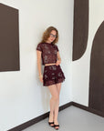 top13800 jupe rouge bordeaux a fleurs superposee mini taille haute image 4