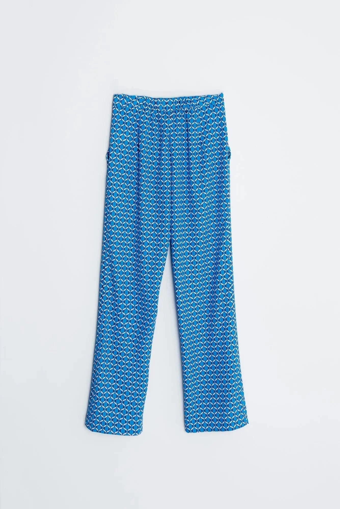 Pantalon imprimé bleu à jambe large et taille haute, pantalon imprimé tendance