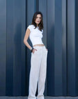 Crop top blanc slim-fit avec velours côtelé beige large-leg Pantalon en velours côtelé