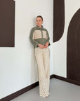 pantalon en crochet beige a bandes kaki image 3