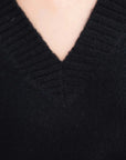 Gros plan sur le col V d'un pull oversize noir, mettant en avant la texture et le style intemporel, essentiel du pull laine femme.